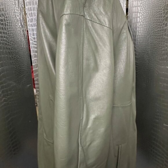 Fergucci Gray Green Leather Satin Printed Liner Collarless Coat Size 38 NWT - Picture 9 of 10